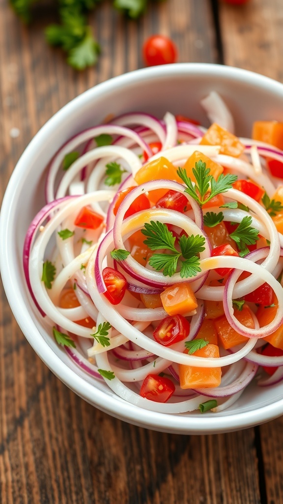 A colorful onion salad with sliced onions, tomatoes, and parsley in a bowl on a wooden table.
